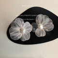 Silver Tone Large Wire Petal Flower Pearl Center Stud Earrings view 2