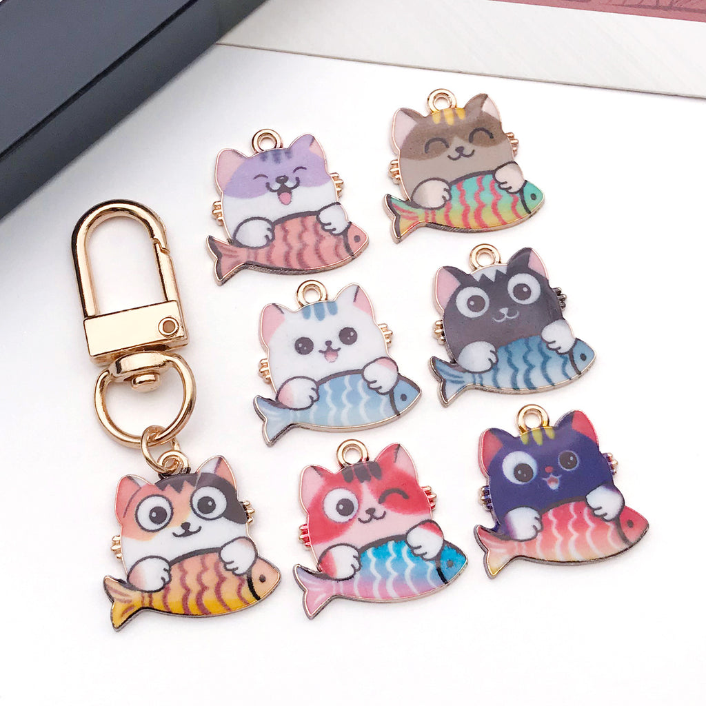 Zinc Alloy Enamel Cat Eating Fish Charm Pendant for DIY Keychain Necklace