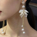 White Petal Cluster Pearl Look Long Tassel Stud Earrings view 2