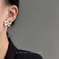 Gold White Enamel Flower Stud Earrings Beaded Centers view 2