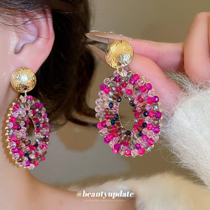 Pink Crystal Oval Drop Earrings with Gold Tone Studs