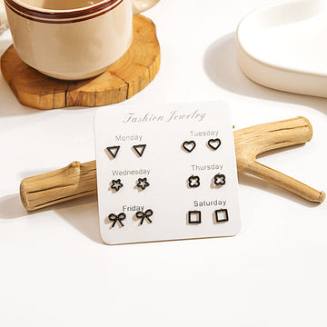 Six Pair Black Geometric Small Stud Earring Card Set