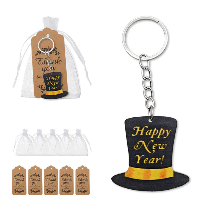 Black Wood Festive Top Hat Message Keychain and Attached Hardware