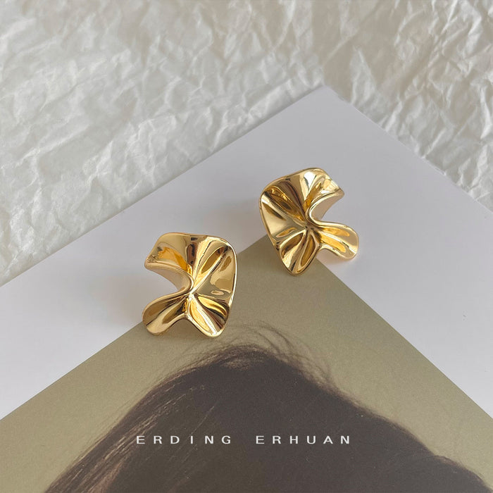 Gold Tone Folded Ribbon Sculptural Stud Earrings For Women