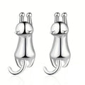 Silver Tone Stretching Cat Stud Earrings Polished Metal view 1