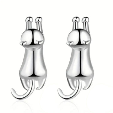 Silver Tone Stretching Cat Stud Earrings Polished Metal