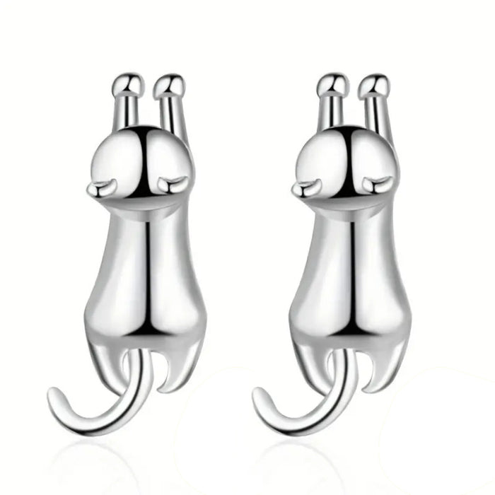 Silver Tone Stretching Cat Stud Earrings Polished Metal