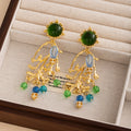 Green Blue and Gold Branch Chandelier Stud Earrings view 2