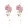 Gold Tone Pink Flower White Blossom And Long Wire Hook Earrings view 5