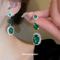 Silver Tone Green Triple Stone Drop Earrings With Clear Halos view 4
