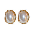 Oval Pearl Gold Tone Framed Stud Earrings Fashion Jewelry view 5