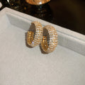 Wide Gold Tone Crystal Pave Hoop Earrings With Polished Metal Tone Details view 6