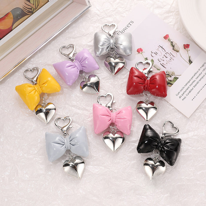 Faux Leather Bow Keychain with Heart-Shaped Lobster Clasp Charm