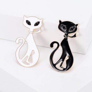 Minimal Enamel Cat Brooch in Black and White Jacket and Scarf Accessory