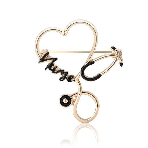 Second product view of Gold Tone Heart Stethoscope Brooch In White And Black