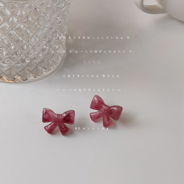 Pink Marbled Translucent Resin Bow Stud Earrings Pair
