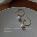Gold Tone Round Hoop White Pearl Charm Hook Earrings view 1