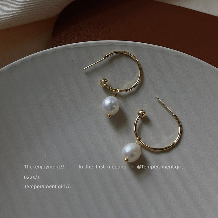 Gold Tone Round Hoop White Pearl Charm Hook Earrings