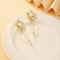 Gold Flower Pearl Look Chain Long Dangle Stud Earrings view 4