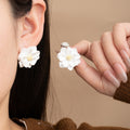 White Layered Camellia Gold Center Statement Stud Earrings view 1
