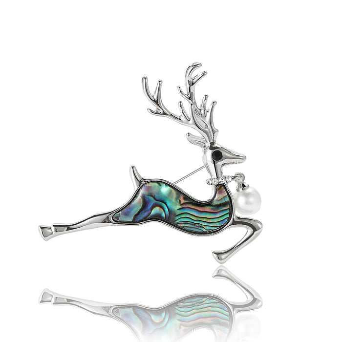 Silver Tone Leaping Deer Brooch With Shell Effect Body