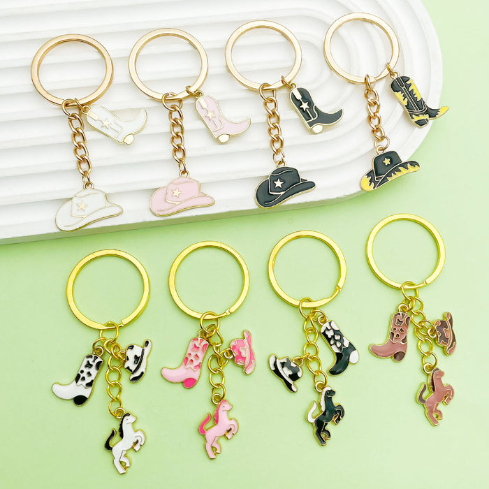 Western Cowboy Charm Keychains Featuring Black Boot Across 30 Pictured Variations