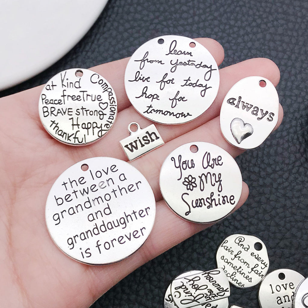 Antique Silver Iron Inspirational English Word Plate Charm Pendant for DIY Necklace Keychain