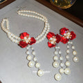 Red Flower Pearl Double Strand Choker Drop Earrings view 2