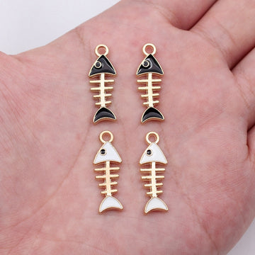 Cat and Fishbone Enamel Charms in White and Black Colorways