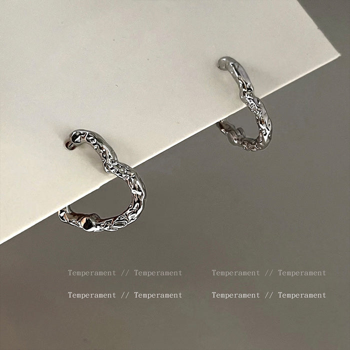 Silver Hammered Texture Open Heart Huggie Hoop Earrings