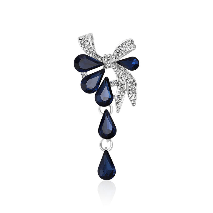 Navy Teardrop Crystal Bow Brooch Gold Silver Drop Pin