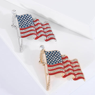 American Flag Enamel Crystal Brooch in Gold and Silver