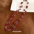 Red or White Beaded Long Necklace With Gold Tone Links view 4