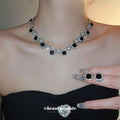 Black Cushion Crystal Link Necklace And Earrings In Silver Tone view 2