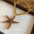 Brown Starfish Pendant Chunky Gold Tone Chain Necklace view 4