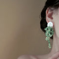 Blue And Green Beaded Tassel Stud Earrings With Decorative Details view 3