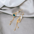 Blue Teardrop White Flower Gold Tone Extra Long Hook Earrings view 4
