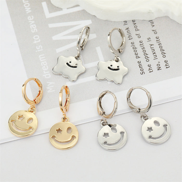 Gold and Silver Tone Open Smiley Face Huggie Drop Earrings