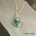 Gold Tone Square Green Stone Pendant Necklace CZ Halo view 4