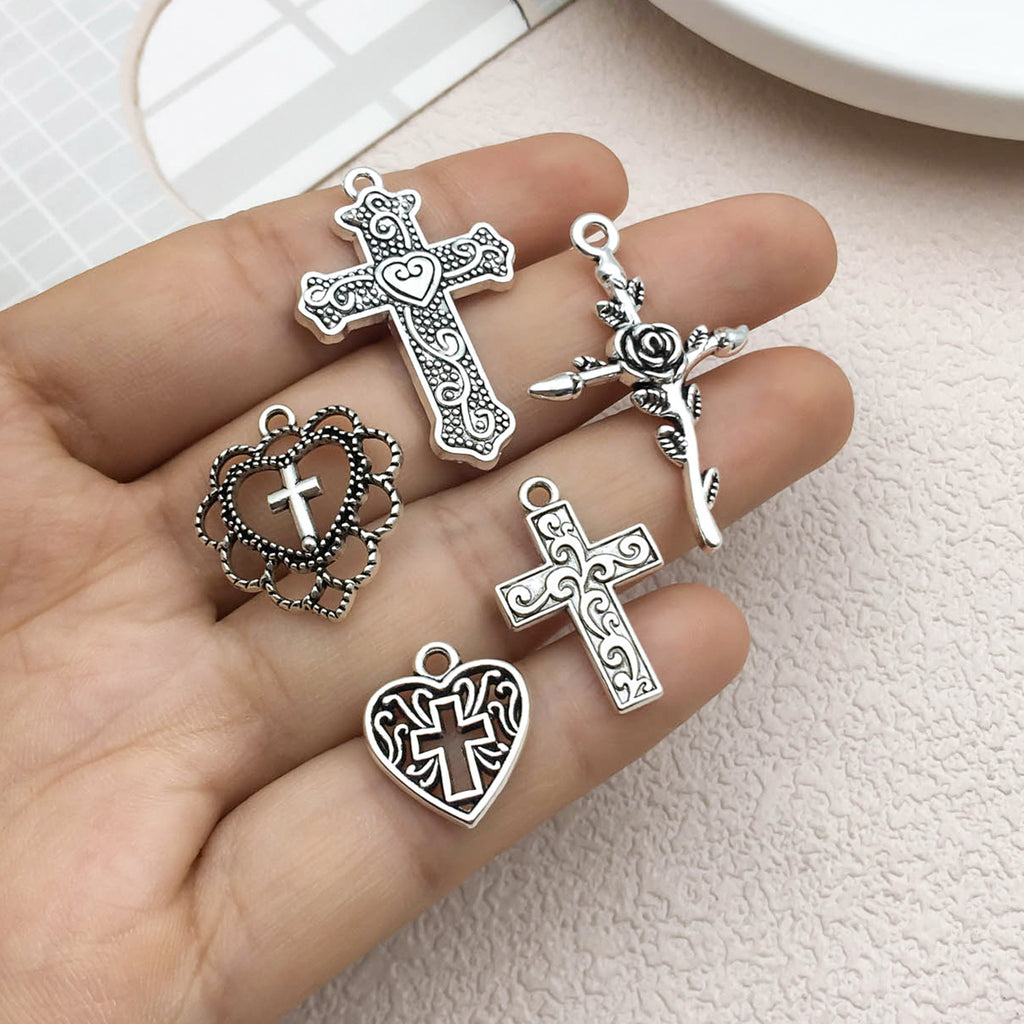 Antique Silver Zinc Alloy Hollow Heart Cross Charm Pendant for DIY Necklace Earring Keychain