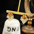Brown Tiger Eye Look Square Tile Fringe Stud Earrings view 3