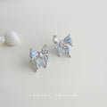 Silver Blue Enamel Butterfly Stud Earrings Clear Crystal Centers view 1