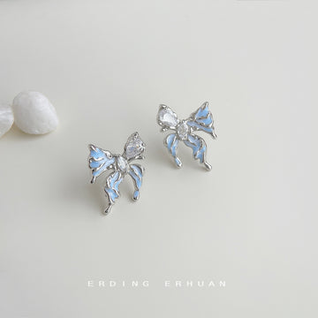 Silver Butterfly Stud Earrings with Blue Enamel Wings and Crystal Centers