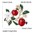 Gold Red Enamel Pomegranate Brooch White Flower Leaves view 4