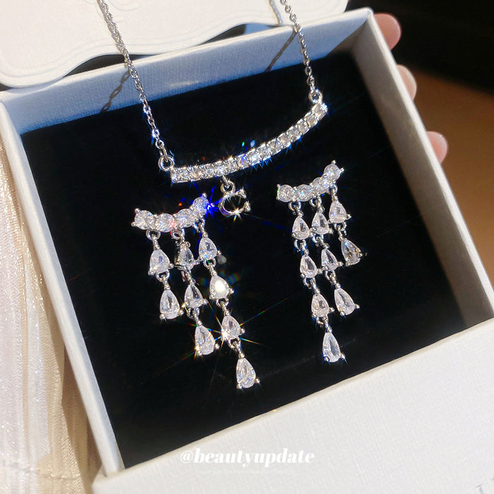 Silver Crystal Teardrop Tassel Earrings Bar Necklace