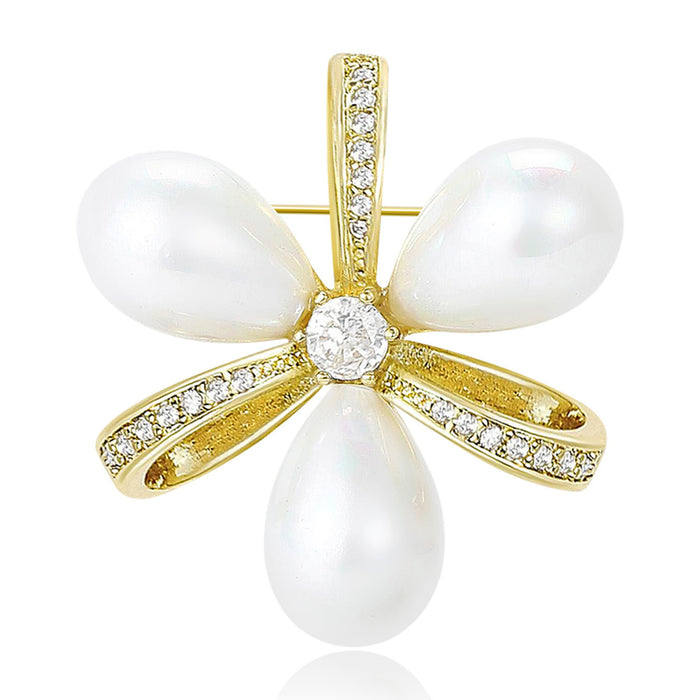 Crystal Ribbon Bow Brooch With Three Pearl Drops in Two Finishes