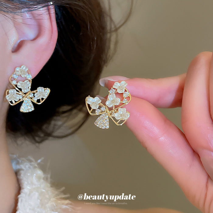 Gold Tone Open Butterfly Flower Crystal Stud Earrings