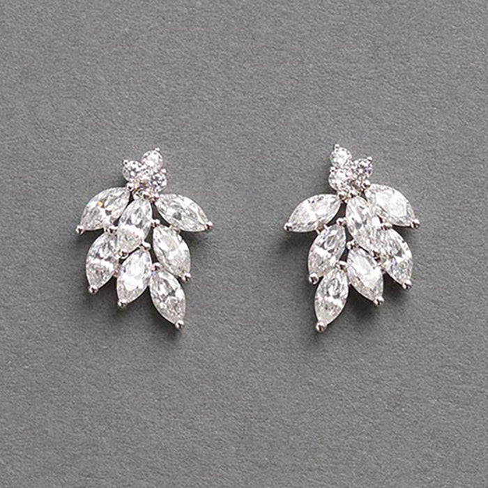 Silver Tone Leaf Cluster Stud Earrings With Clear Stones