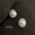 Silver Tone Irregular Oval White Pearlescent Center Stud Earrings view 4