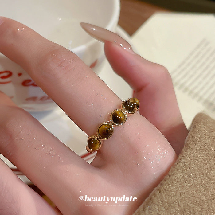 Gold Open Ring Round Brown Tiger Eye Cabochon Band
